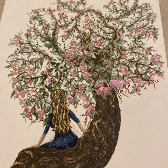 Unframed Original Art Watercolour Painting Lady Sitting in Blossoming Tree - Picture 3 of 4